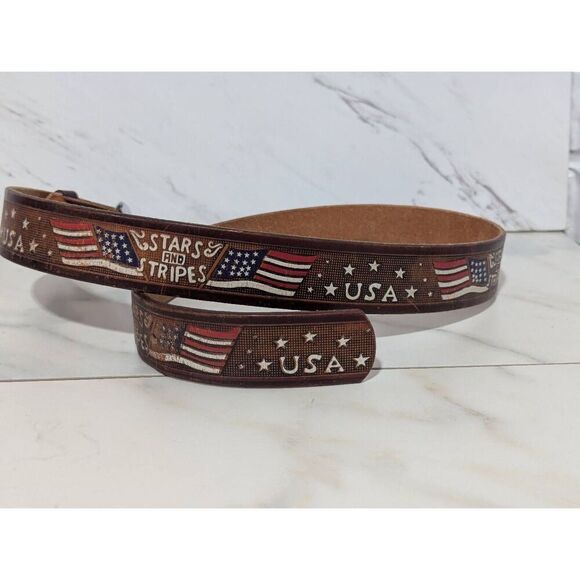 Stars and Stripes American Themed Men's Genuine Brown Leather Belt Sizer 32-36" - Picture 1 of 5